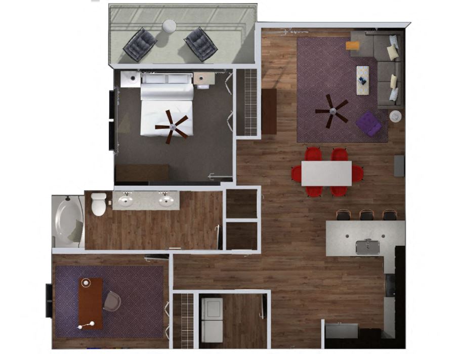 Floor plan for 2 beds, 2 baths, 967 sqft